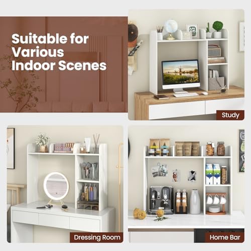 GOFLAME 5 Shelves Desktop Bookshelf, Wood Desk Hutch Dorm for Computer Desk, Countertop Display Rack, 3-Tier Desk Storage Organizer Shelf for Dormitory, Home Office, Study, White - Image 5