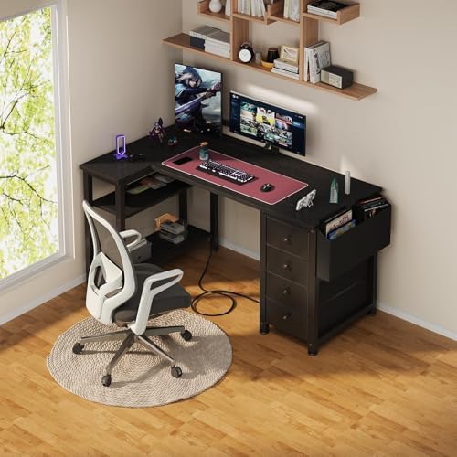 Lufeiya L Shaped Gaming Desk with Power Outlet, 47 Inch Reversible Corner Computer Desk with Drawers & Storage Shelves for Home Office Bedroom, L-Shaped Teen PC Desks with Fabric Drawer, Black - Image 2