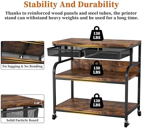 EasyCom 32.3"×18.9" XL Printer Stand with Double Drawers & Wheels - Image 6