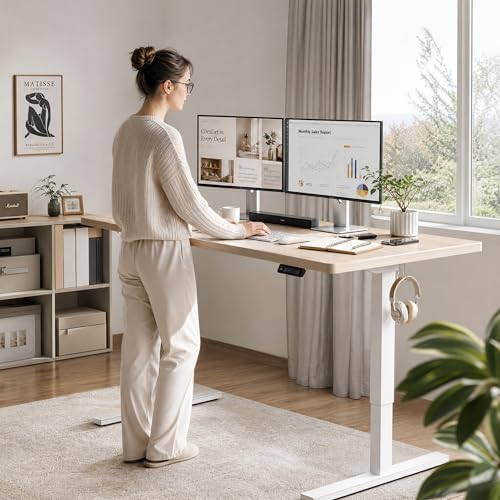 Grandder 47x32 Large Electric Standing Desk, Height Adjustable Computer Desk with 2 Memory Presets, 31.5" Deep Desktop Sit Stand Desk Home Office Desk Workstation Table with Hooks, Light Walnut - Image 2
