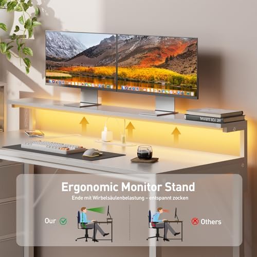 HLDIRECT 44 Inch Gaming Desk with Power Outlets & LED Lights, White - Image 6