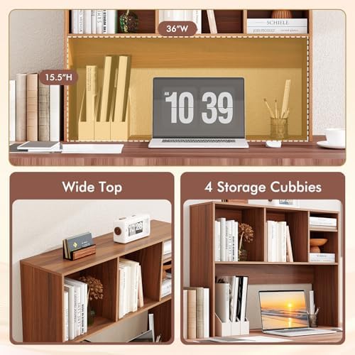 Goplus ReunionG Desk Hutch 2-Tier, Wood Hutch Top Only w/4 Shelves for Computer Monitor, Laptop, Dressing Table, Desk Organizer Display Rack Desktop Bookshelf for Home, Office, Dorm (Walnut) - Image 4