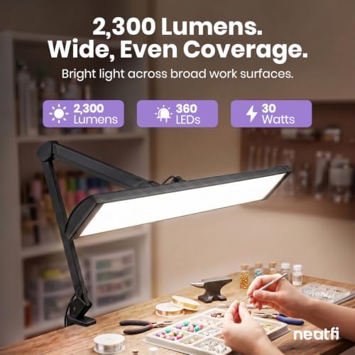 Neatfi Pro LED Desk Lamp with Clamp | 2,300 Lumens | CRI 95 | 30W Dimmable | Adjustable Color Modes | 360 LED Beads | Adjustable Arm for Home Office & Workbench (Black-5, 24-Inch Wide Shade) - Image 2