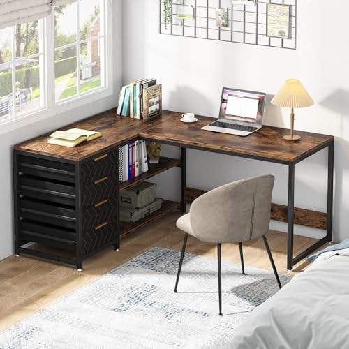 Tribesigns L Shaped Computer Desk with Storage Drawers, 59 inch Corner Desk with Shelves, Reversible L-Shaped Office Desk Study Writing Table Workstation for Home Office, Brown - Image 5