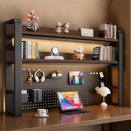 2/3/4 Tier Desktop Bookshelf with Pegboard and Storage Parts, Metal Desktop Organizer Hutch, Desk Shelves for Top of Desk, Shelf Organizer Display Rack for Dorm Home(Black+Brown,3-tier L29.5in) by Unknown