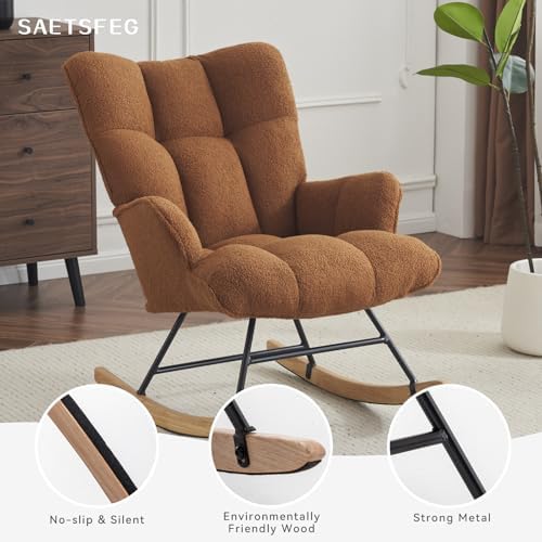 SAETSFEG Rocking Chair Nursery Teddy Upholstered Glider Rocker Rocking Accent Chair Padded Seat with High Backrest Armchair Comfy Side Chair for Living Room Bedroom Offices (Caramel Brown Teddy) - Image 6