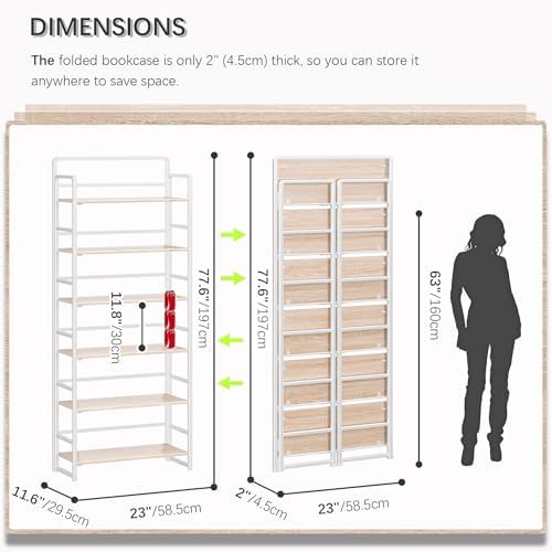 4NM No Assembly 6 Tier Folding Bookshelf Tall Storage Shelves Vintage Bookcase Standing Racks Study Organizer Home Office - Image 2