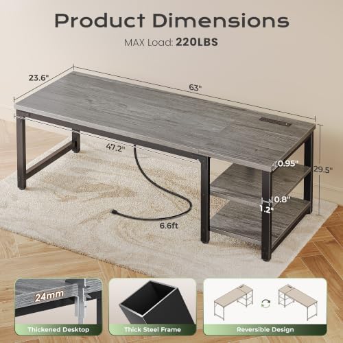 Huuger 63'' x 23.6'' Computer Desk with Power Outlets, 0.95'' Thick Desktop - Image 2