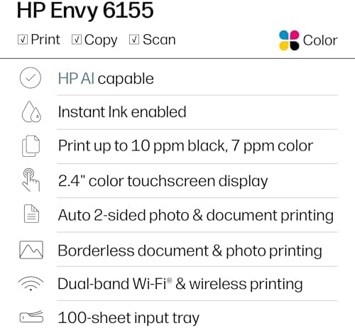 HP Envy 6155 Wireless All-in-One Color Inkjet Printer, Print, Scan, Copy, Duplex Printing Best-for-Home, 3 Month Trial of Instant Ink Included, AI-Capable (C2WR7A) Portobello - Image 2