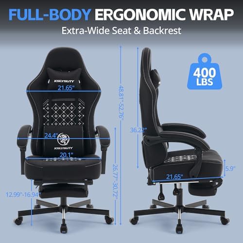 Desk Computer Gaming Chair - Ergonomic Game Office Chair with Extended Footrest and Massage Lumbar Support, Home Gamer Video Game Chairs with Spring Cushion for Adults (Pro Black Fabric) - Image 2