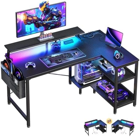 ODK 40 Inch L Shaped Gaming Desk with LED Lights, Power Outlets, Black by ODK