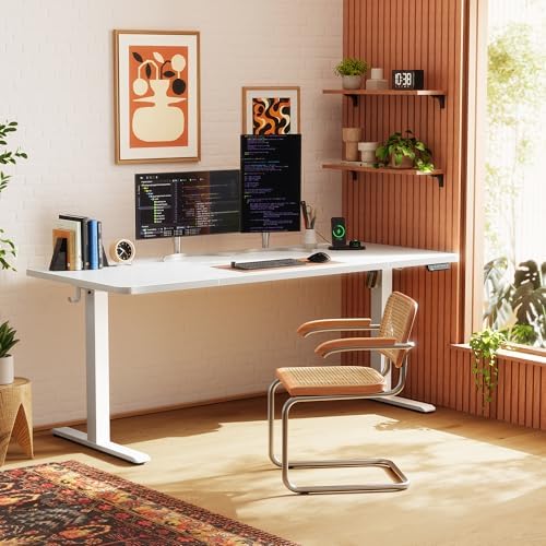 Huuger 63 X 24 Inch Electric Standing Desk with Power Outlets and USB-C Port, Height Adjustable Desk, Sit Stand Desk for Home Office, Computer & Gaming Desk with 3 Presets, Stable Steel Frame, White - Image 2
