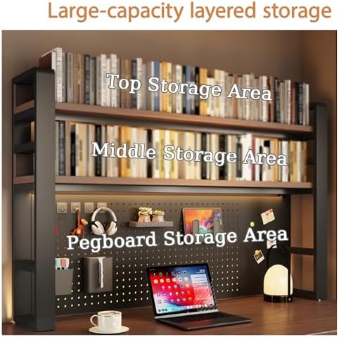 Desk Shelf Organizer for Top of Desk – Desktop Bookshelf with Pegboard & Storage Accessories, Adjustable Hutch for Dorm or Office, Steel Frame Display S Black frame + dark brown board 45.3*9.8*36.6in - Image 5