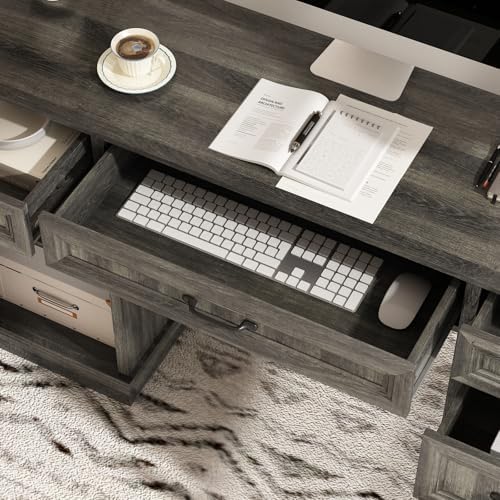 CARPETNAL 58'' Farmhouse Executive Desk with Drawers, Home Office Desk with File Drawer and Storage Cabinet, Rustic Computer Desk for Working, Studying, Writing, Grey - Image 6