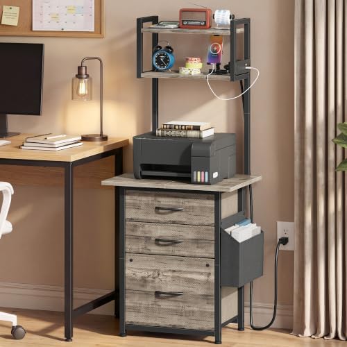 HIGDBFE 3 Drawer File Cabinet with Charging Station, 49''H Tall, 3-Tier Small Filing Cabinet for Home Office, 20''*15'' for Small Printer, Fabric Drawer, Printer Stand, Grey - Image 2