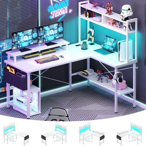 Aheaplus L Shaped Gaming Desk with Power Outlets & LED Lights, White by Aheaplus