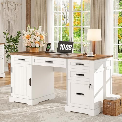 Whalefall 55'' Farmhouse Desk Home Office with Drawers, White by Whalefall