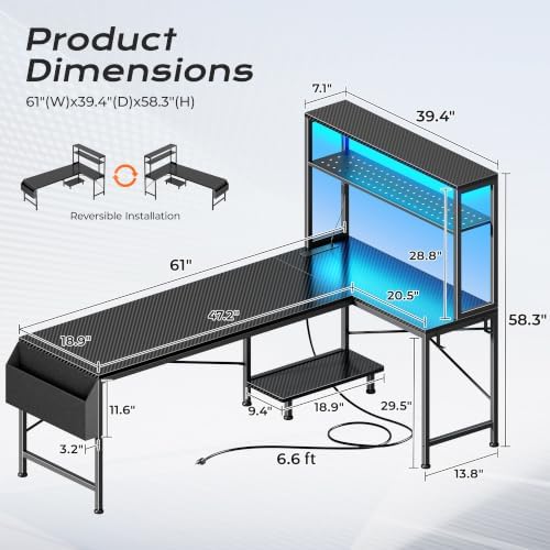 PRAISUN L Shaped Gaming Desk with LED Lights & Power Outlets - Image 2