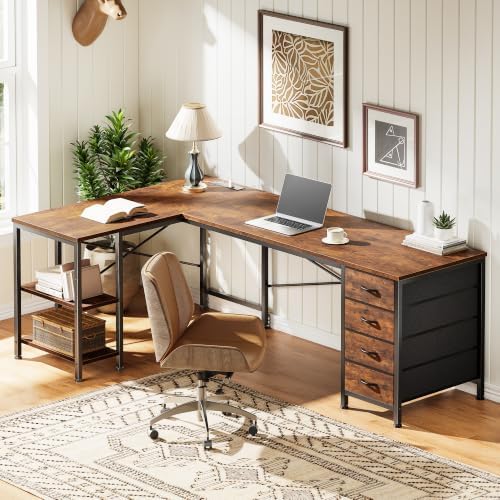 Huuger 55 Inch L Shaped Desk with Fabric Drawers, Reversible Computer Gaming Desk with Power Outlets and USB-C Port, Adjustable Side Storage Shelves, for Work Corner Home Office, Rustic Brown - Image 7