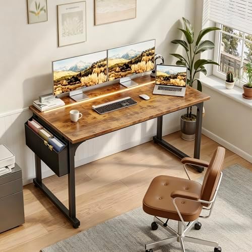 DurayLoly 48" Computer Desk with Waterproof LED Lights for Bedroom,Brown - Image 2