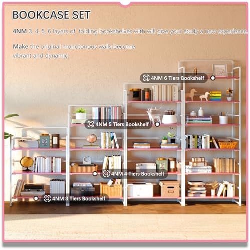 4NM No Assembly 6 Tier Folding Bookshelf Tall Storage Shelves Vintage Bookcase Standing Racks Study Organizer Home Office - Image 5