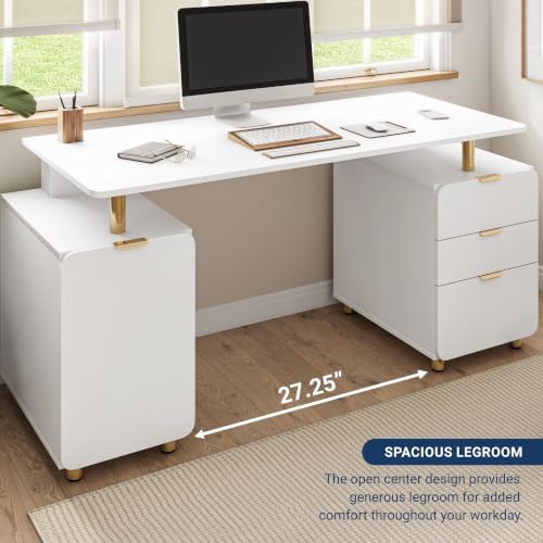 Techni Mobili 57"W Computer Desk w/ 3 Drawers & Storage Cabinet, White/Gold - Image 6