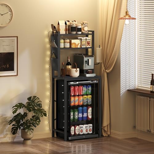 MAHANCRIS Bakers Rack with Mini Fridge Shelf, 3-Tier Microwave Stand, Coffee Bar Station with Paper Holder, Freestanding Kitchen Storage Rack, for Kitchen, Black BRBK5401 - Image 4