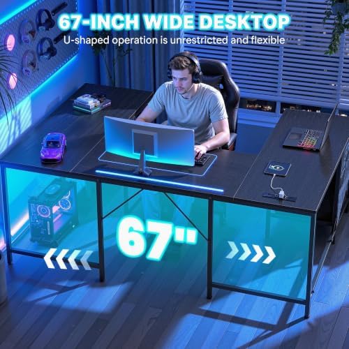 DurayLoly 67" Large Gaming Desk with Power Outlets for Bedroom,Black - Image 4