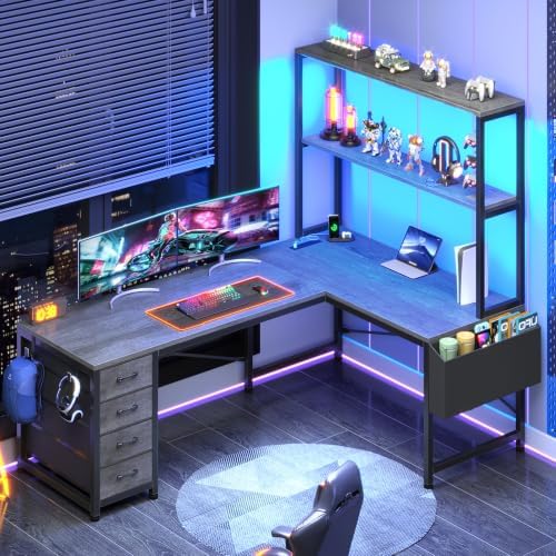 SEDETA L Shaped Gaming Desk, 51.2" Reversible Small Corner Desk with 4 Drawer, Power Outlet & LED Lights, Home Office Desk with Storage Shelves for Small Space, Gray by SEDETA