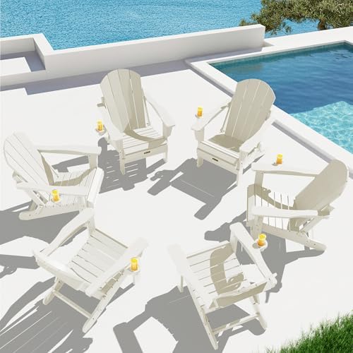 SERWALL Folding Adirondack Chair with Cup Holder Set of 6 for Garden -White by SERWALL