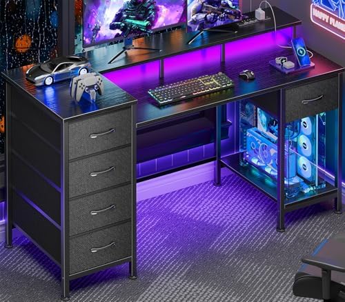 Korfile 47 Inch Gaming Computer Desk with Power Outlets,LED,5 Drawers,Black by Korfile