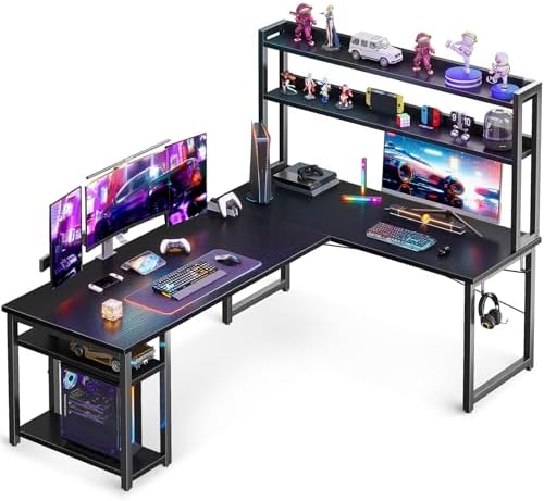 ODK L Shaped Gaming Desk with Hutch, Computer Desk with Storage Shelves, 66" L Shaped Desk for Home Office, Corner Desk with Headphone Hook, Black by ODK