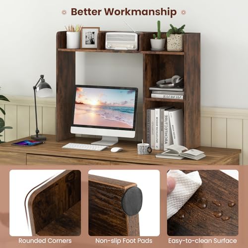 BECOMFORT Desk Hutch, Desk Organizer Shelf w/ 5 Storage Compartments, up to 27” Monitor, Wooden Display Rack, Desktop Bookshelf for Vanity Dressing Tabletop College Dorm Home & Office - Image 5