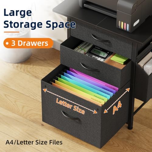 HIGDBFE 3 Drawer File Cabinet with Charging Station, 49''H Tall, 3-Tier Small Filing Cabinet for Home Office, 20''*15'' for Small Printer, Fabric Drawer, Printer Stand, Black - Image 5