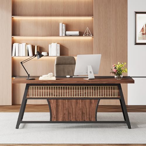 63" Modern Executive Desk with Storage Shelf & LED Light - Image 4