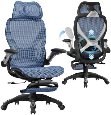 ELABEST X100 Ergonomic Mesh Office Chair with Footrest, Big and Tall Home Desk Chair with 5D Flip-Up Arms, Adjustable 3D Lumbar Support, Gaming & Executive Computer Chair (Oaxaca Blue) by ELABEST