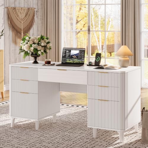 55.1" Fluted Executive Desk with Drawers, Wood Computer Desk with Storage Cabinet, Home Office Desk with Charging Station, Farmhouse Desk with File Cabinet for Office Home (White) by Oxirth