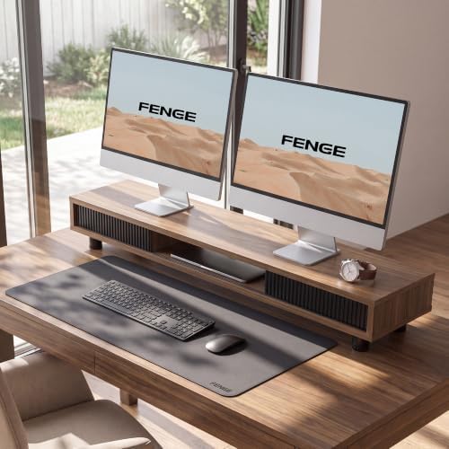 Fenge Dual Monitor Stand with Storage, Desk Shelf with Glass Sliding Door - Image 5