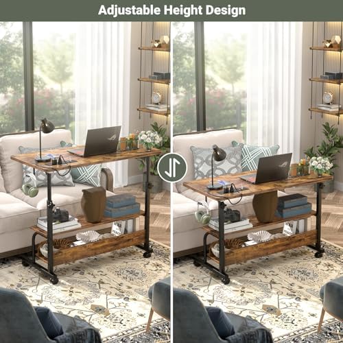 Besiost 32" Height Adjustable Standing Desk with Power Outlets - Manual Rolling Stand Up Desk with Wheels Small Portable Computer Desk Mobile Laptop Table with Storage Shelves for Home Office, Rustic - Image 6