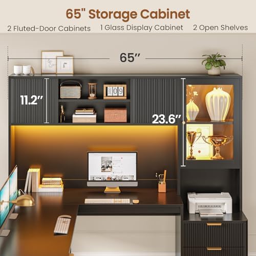 SEDETA 67" x 65" L Shaped Desk with Hutch, RGB LED Corner Computer Desk with Power Outlets, Fluted Home Office Desk with File Drawer, Storage & Glass Display Cabinets for Gaming & Working, Black - Image 4