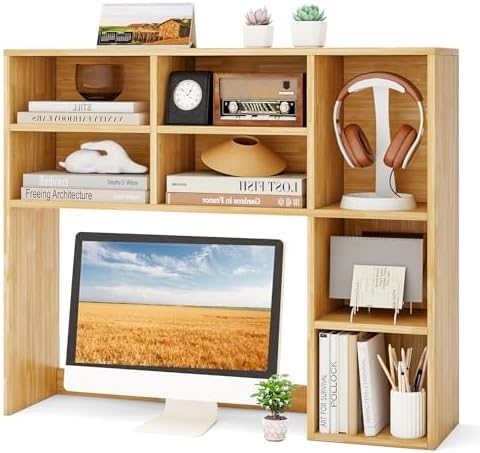 MAT EXPERT Wooden Desktop Bookshelf, Countertop Desk Hutch w/ 7 Cubes & Adjustable Shelves, Anti-toppling Kits, Table Top Organizer Shelf Fits Monitors up to 27” for Dorm, Office, Study (Burlywood) by MATEXPERT