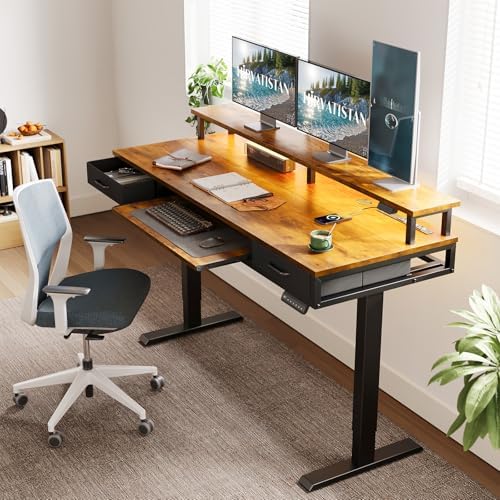 AODK 63 Inch Standing Desk with Drawers & Keyboard Tray, Rustic Brown - Image 2