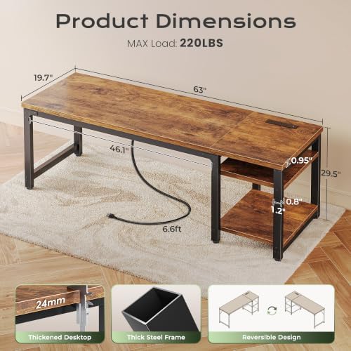 Huuger 63'' x 19.7'' Computer Desk with Power Outlets, 0.95'' Thick Desktop - Image 2