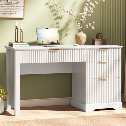 Vabches Fluted Executive Desk with Drawers, Wood Computer Desk with Ample File Drawer, Home Office Desk with Storage for Study, Bedroom, Living Room, White by Vabches