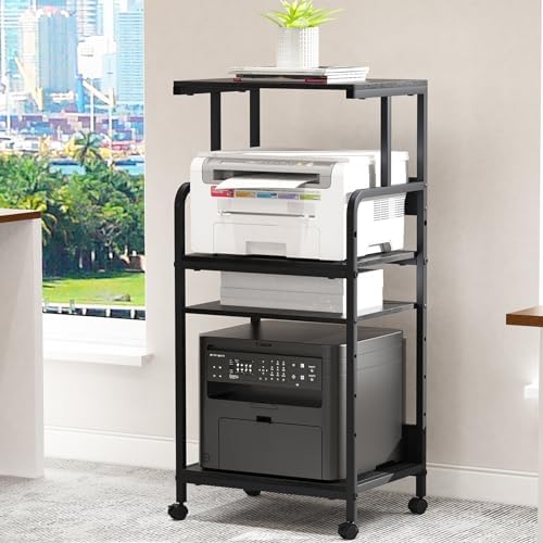 Arbuxzuy 4 Tier Stand with Storage Shelf, Tall Mobile Printer Table for Home Office, Adjustable Stands for Heat Press Scanner Fax (Black) by Arbuxzuy