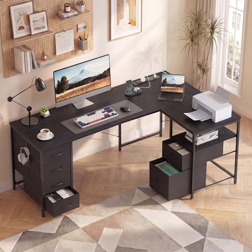 YOUDENOVA 55 Inch L Shaped Office Desk with 6 Drawers & Type-C Port, Black - Image 2