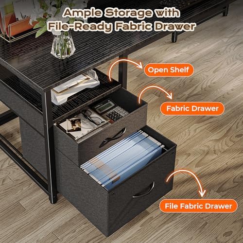 PRAISUN 63 Inch L Shaped Desk with Power Outlets and USB-C Port, Computer Corner Home Office Desk with File Fabric Drawers and Movable Monitor Stand, Larger Storage, Gaming, Writing, Work, Black - Image 5