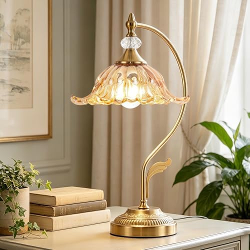 Vintage Floral Table Lamp, Plug in Mid-Century Modern Desk Lamp with Amber Glass Shade, Gold Bedside Table Lamp Dimmable for Bedroom Living Room Home Office, E26 Base, UL Listed by EIDEARAYHomeLighting