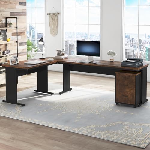 Tribesigns 83" L-Shaped Executive Desk, Large Office Desk with Drawers, Industrial Corner Computer Table with Rolling File Cabinet, Business Workstation for Home Office (Brown, 83 Inches) - Image 3