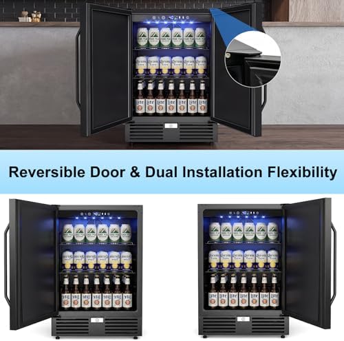 24 Inch Beverage Refrigerator–210 Can Large Capacity Beverage Fridge with French Door, Built-in or Freestanding Under Counter Outdoor Beverage Cooler with Reversible Door, Black - Image 6